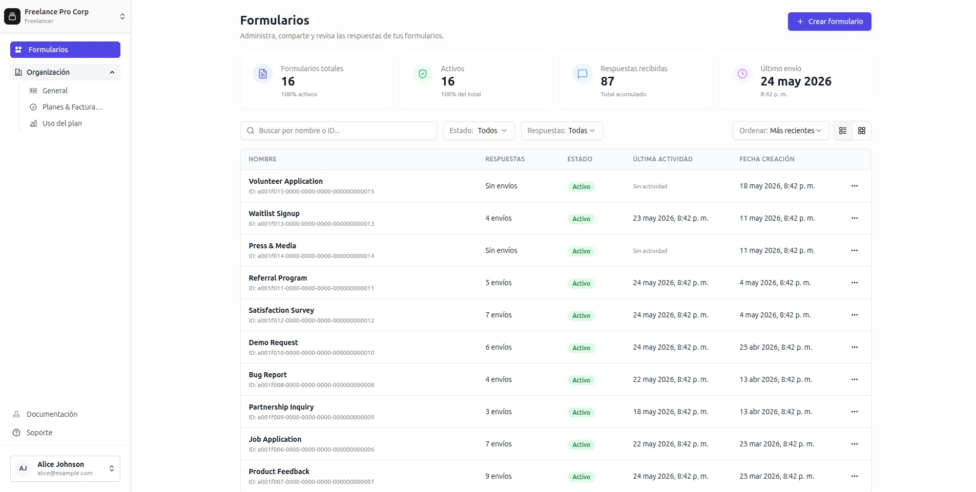 SimpleApiForm dashboard